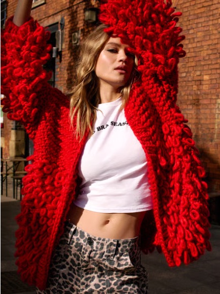 Nasty Gal Bold Red Loop-Trim Chunky Knit Cardigan S